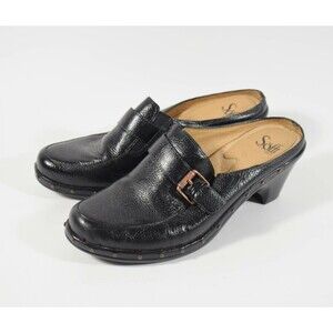 Sofft 1506401 Black Pebbled Leather Buckle Heel Slip On Clogs Mules Sz 8.5 M